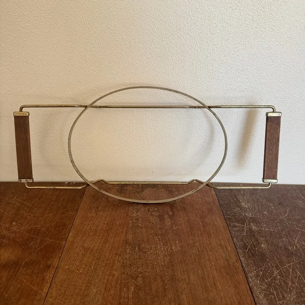 Vintage Gold Tone Metal Oval Casserole Dish with wooden handles MCM Retro